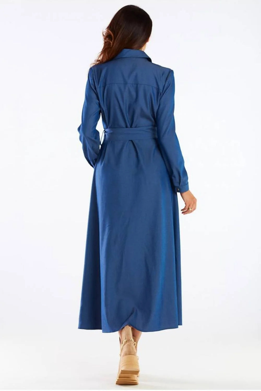 robe chemise longue maxi bleu indigo chambray fluide viscose stretch coupe évasée ceinture nouer boutons dorés col manches longues