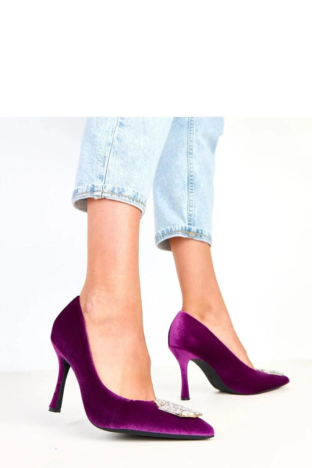 escarpins femme velours violet fuchsia pointu talons aiguilles 9 5cm boucle bijou strassée satinée emboîture basse semelle cuir synthétique