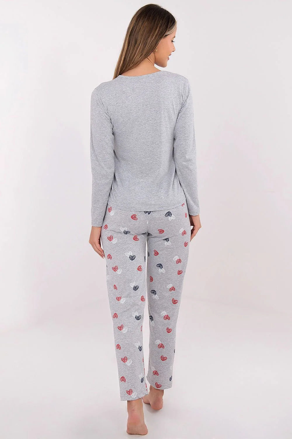 pyjama femme ensemble deuxpieces coton doux respirant gris chiné jersey manches longues encolure ronde imprimé coeurs allover taille élastique confortable