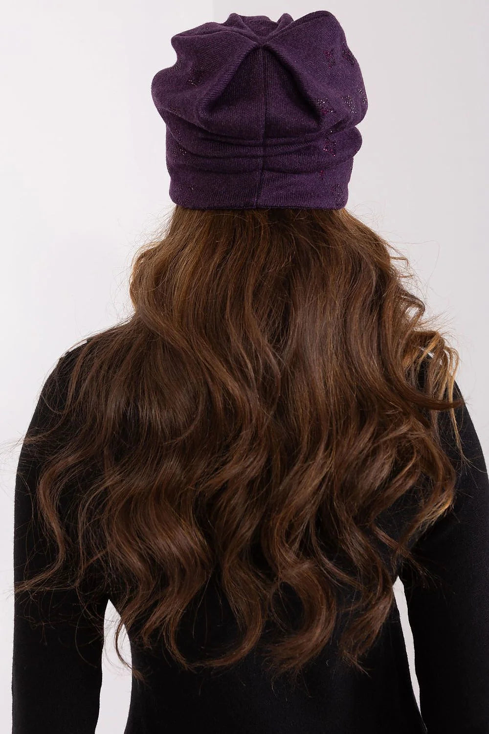 ensemble hiver chic bonnet pull col roulé violet foncé cachemire coton acrylique strass ample maille douce chaude ajustée décontractée élégante