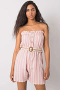 combinaison estivale femme bandeau sans bretelles rayures verticales rose poudré blanc tissu léger respirant lin boutons imitation bois ceinture tressée