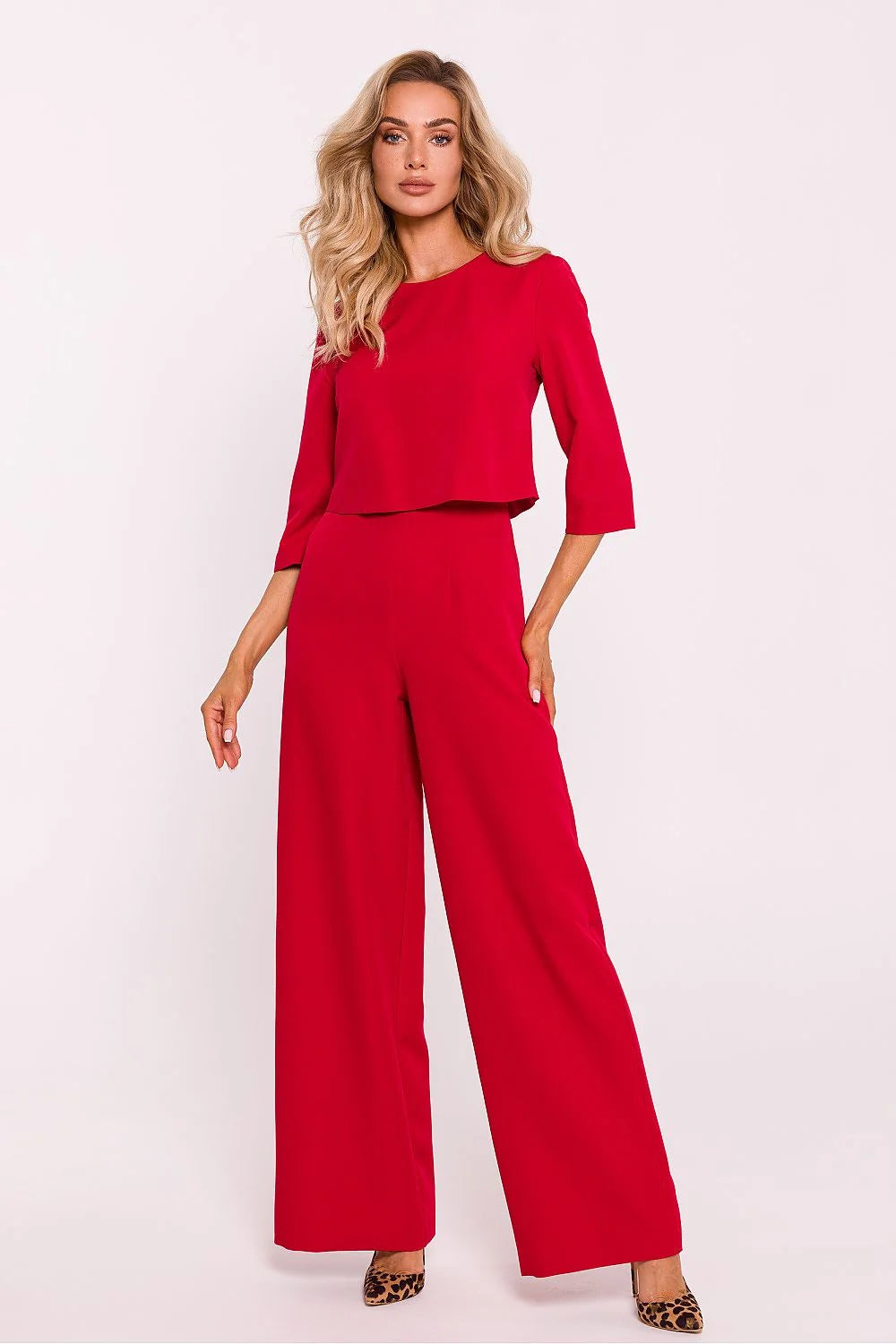 Combinaison élégante pour femme en rouge vif hauts manches 3/4 pantalon jambes larges moderne tendance