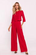 Combinaison élégante pour femme en rouge vif hauts manches 3/4 pantalon jambes larges moderne tendance
