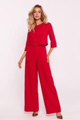 Combinaison élégante pour femme en rouge vif hauts manches 3/4 pantalon jambes larges moderne tendance