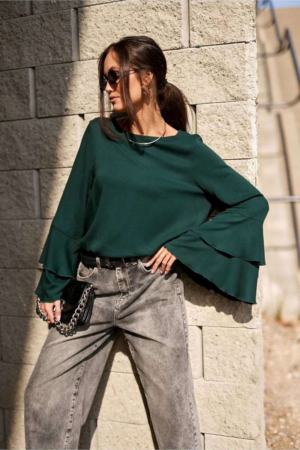 chemisier camila femme vert sapin viscose extensible léger fluide joli tombé col bateau manches évasées volants superposés ample décontracté élégant