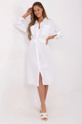 Robe de jour élégante en coton blanc coupe chemisier manches longues ceinture ajustable poches功能รายละเอียดสูทสำหรับผู้หญิง