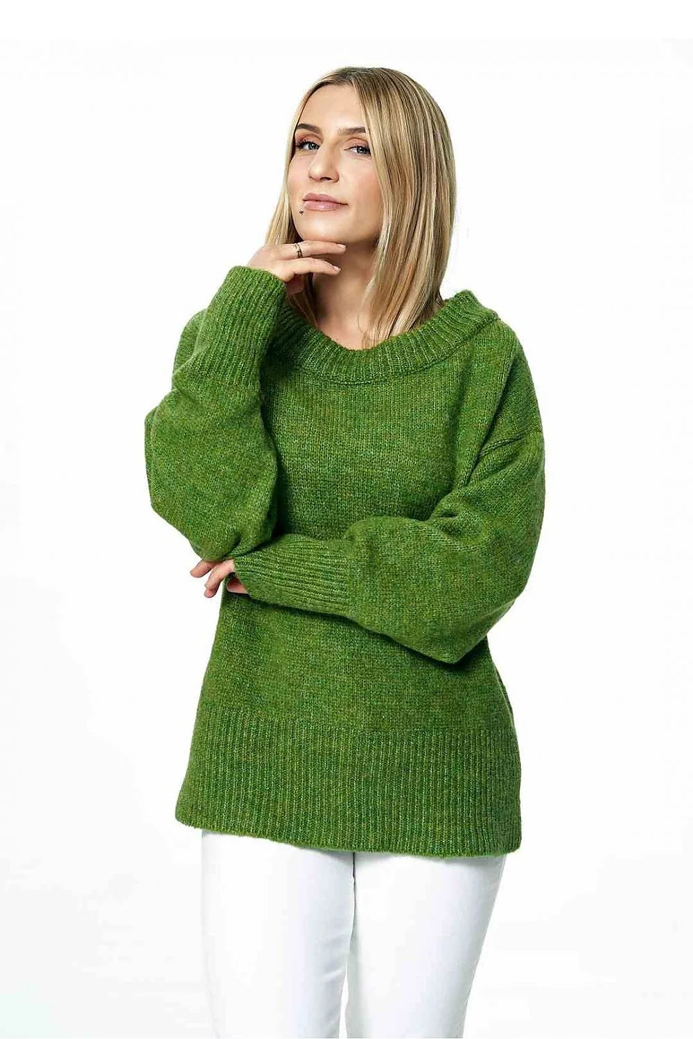 Pull ample pour femme en laine acrylique et polyester, rose pastel, manches longues côtelées, col rond, style classique, doux et confortable