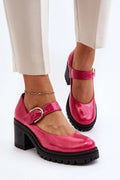 Escarpins élégants à talon block cuir verni rose vif Mary Jane bride métallique dorée femmes occasionnels
