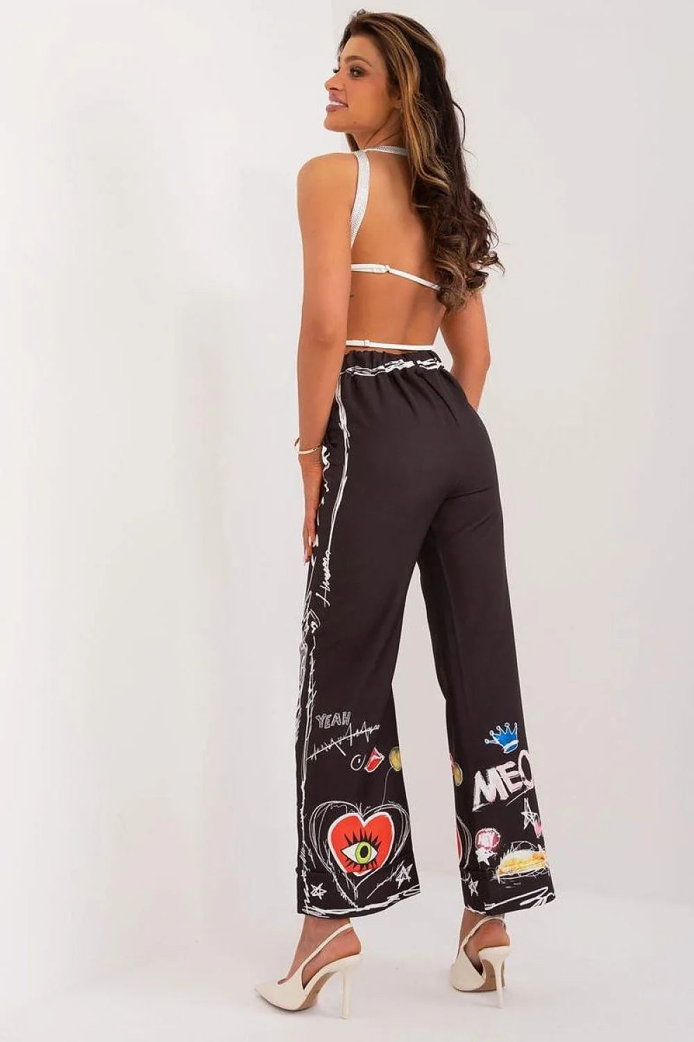 Pantalon femme design graphique multicolore motifs artistiques style urbain coupe large taille haute polyester coton blanc noir