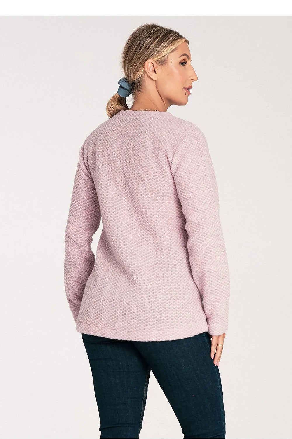 Pull asymétrique pour femme style moderne manches longues encolure ronde texture gaufrée couleur rose pâle