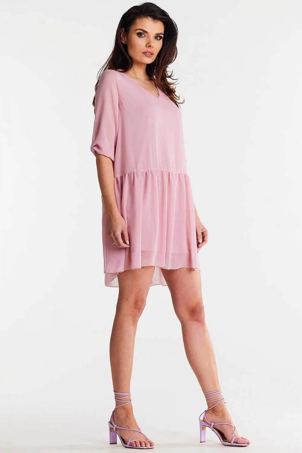Robe de jour féminine ample en mousseline de soie manches 3/4 volant décoratif rose pâle taille ajustable