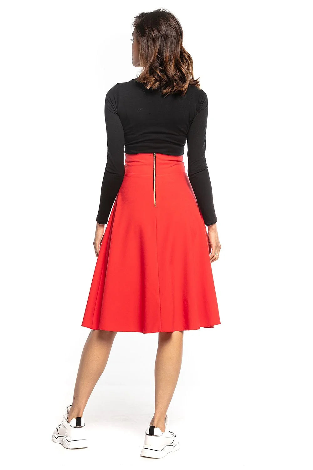 Jupe midi rouge vif élégante polyester évasée taille haute moderne polyvalente pour femmes chic tendance