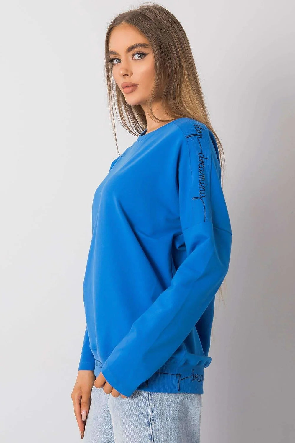 Sweatshirt coton décontracté bleu vif ample inscription motivante manches longues col rond pour femmes modernes