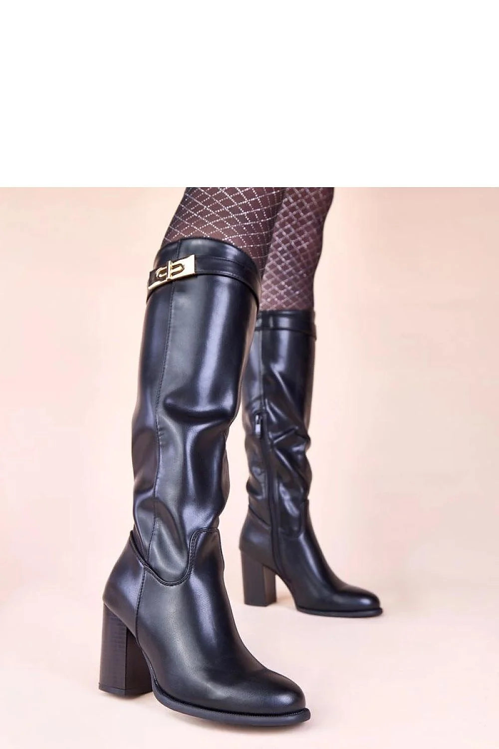 bottes hautes femme cuir artificiel talon bloc moyen stable noires bout arrondi zippée bride boucle dorée élégante intemporelle confortable urbaine