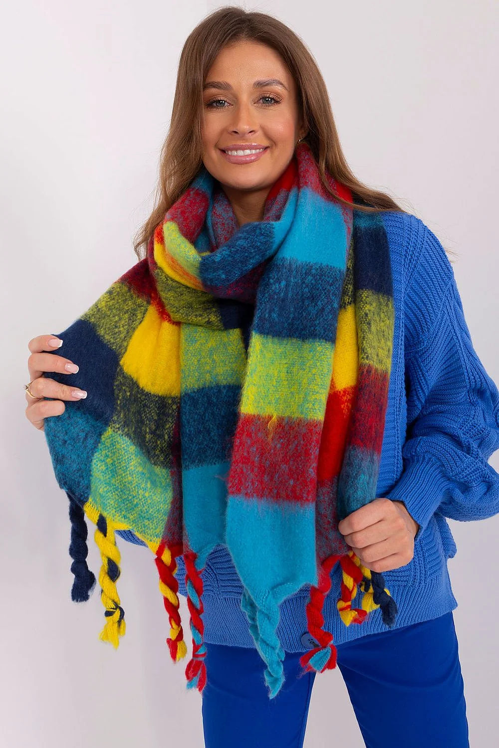 Écharpe longue pour femmes en carreaux colorés asymétriques avec franges tressées polyester résistant style audacieux pour automne hiver