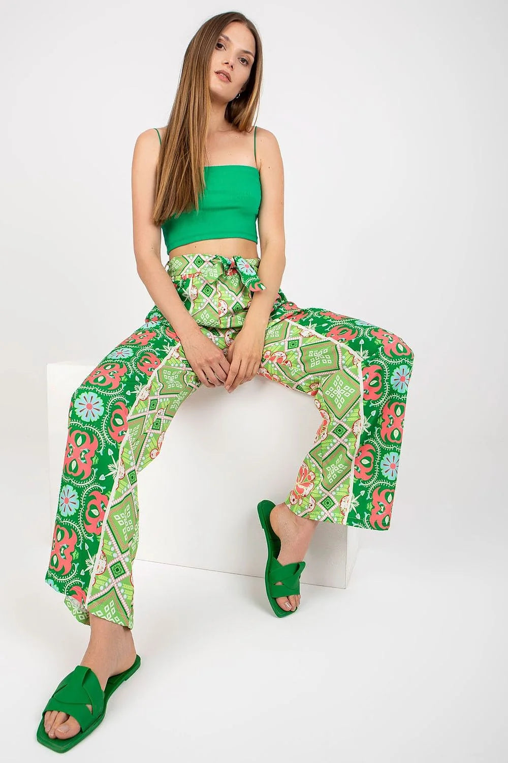 Pantalon femme Italy Moda haute taille jambes larges elastique lien design floral geometrique vert rose bleu blanc summer Casual