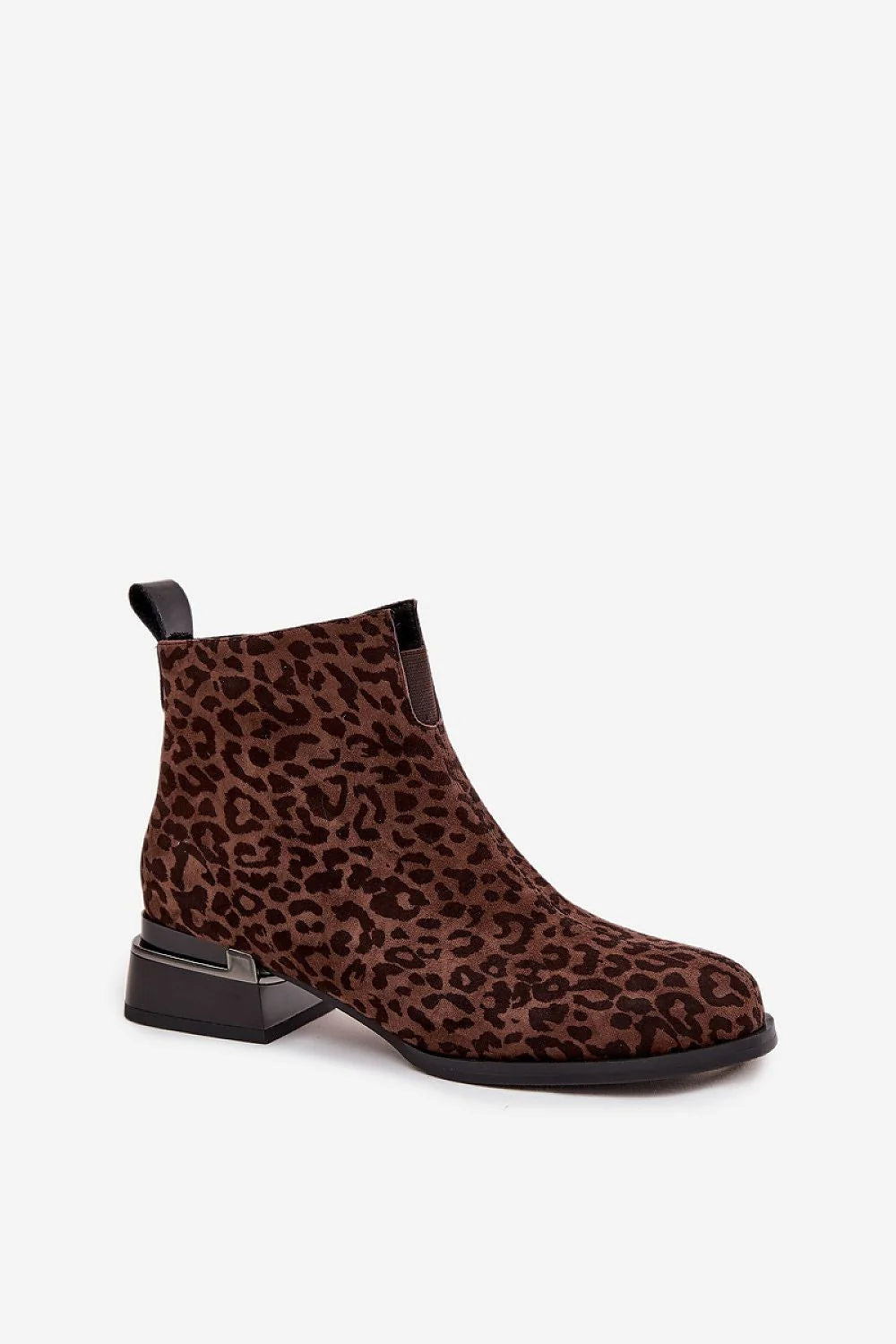bottines femme suédine daim marron imprimé léopard talon bloc bas doublure fourrure synthétique bout arrondi fermeture éclair latérale