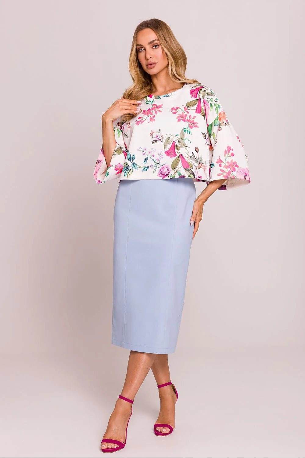 Chemisier floral femme oversize manches larges jupe droite bleu clair imprimé floral printemps été