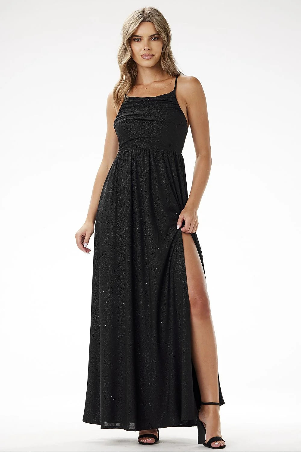 Robe de soirée élégante longue manches courtes décolleté en cœur fente latérale velours pailleté noire taille ajustable femme