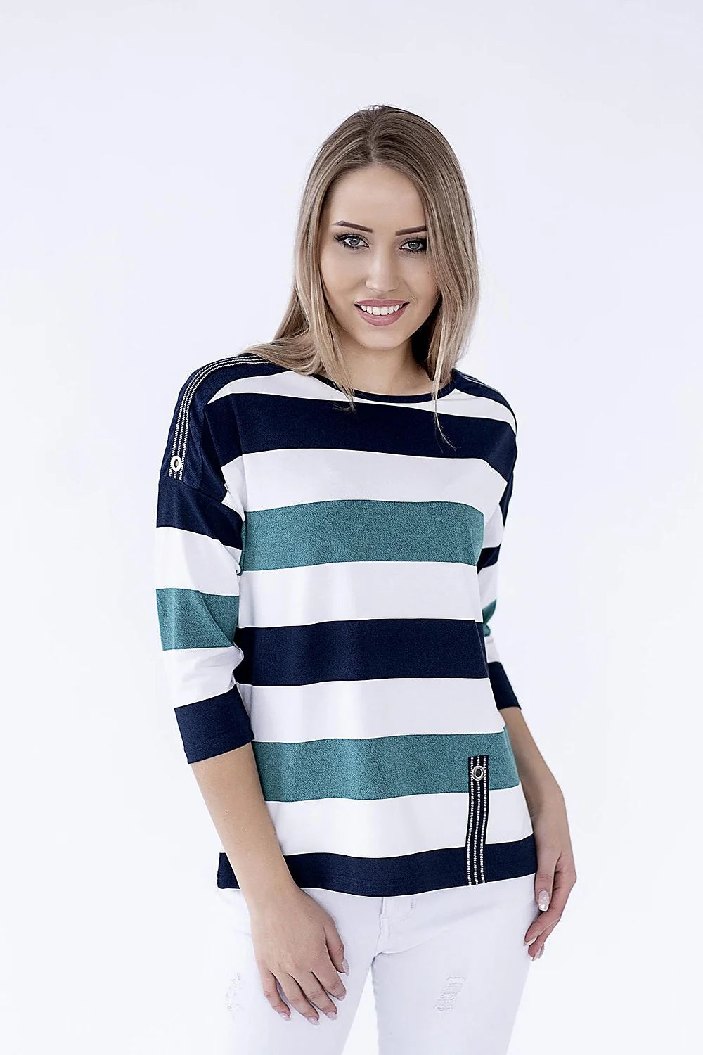 Pull rayé coton décontracté coupe droite, boutons épaule, fermeture éclair bas, femmes tendance élégante