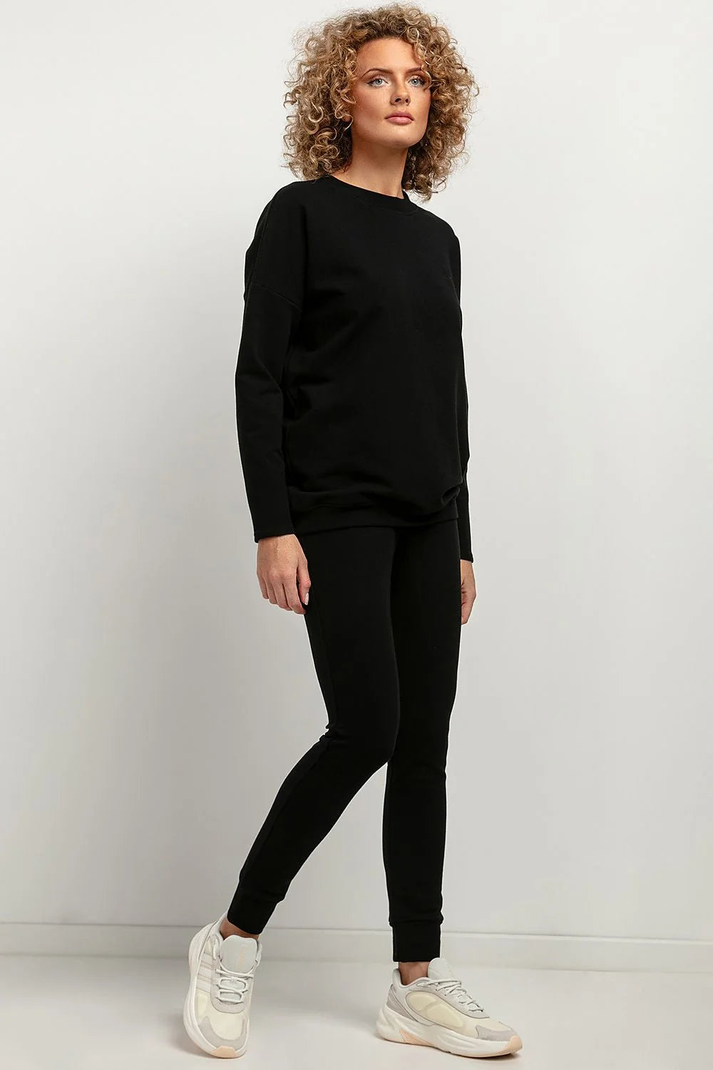 Ensemble casual femme noir minimaliste haut ample manches longues pantalon élastique polyester coton 70% 30%