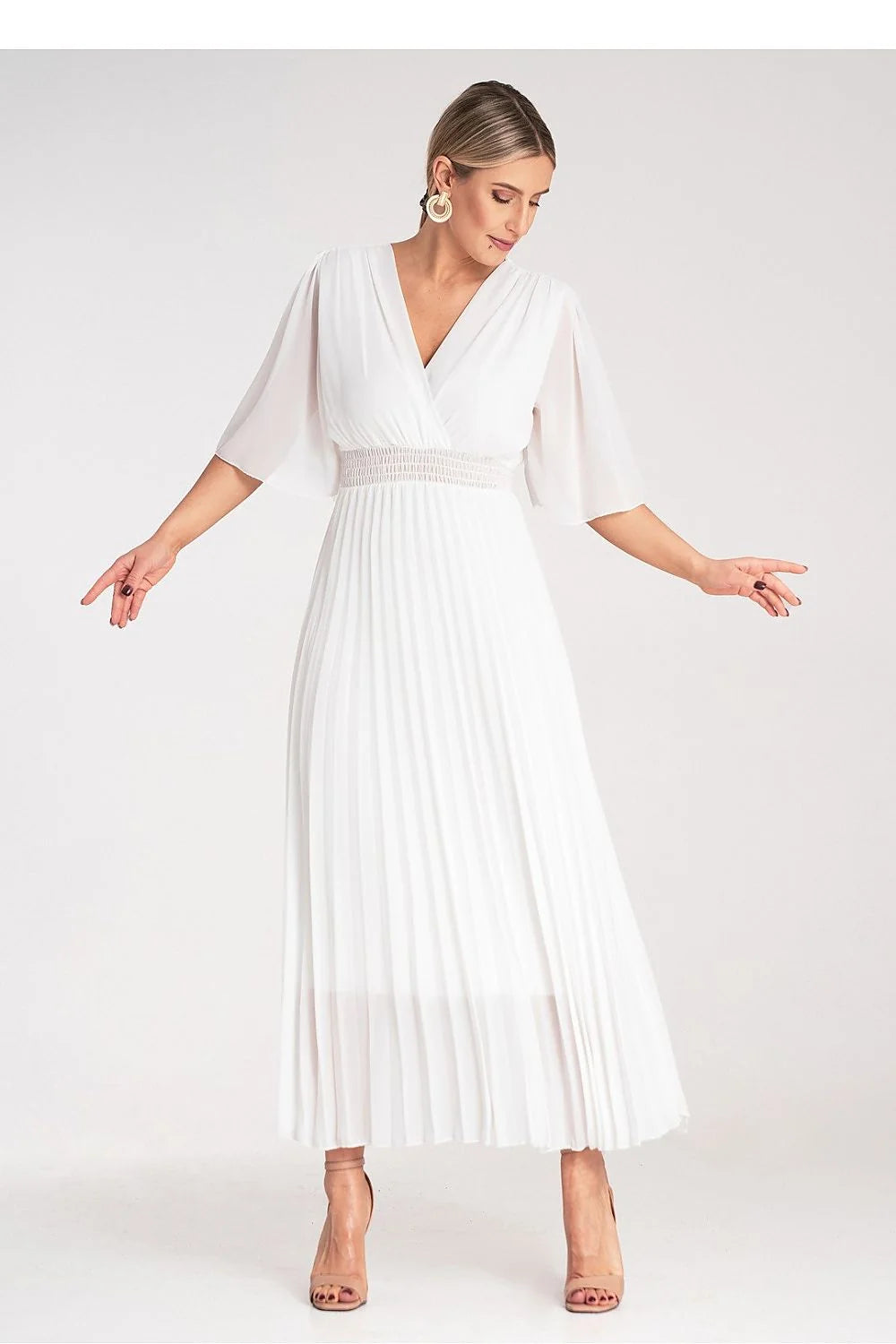 robe longue blanche col V croisé manches ballon mi longues taille smockée jupe plissée chiffon léger fluide élégante