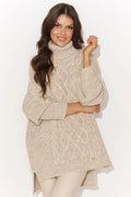 pull femme col roulé torsadé beige chiné tricot épais doux confortable oversize coupe ample manches longues bord côtelé badge doré