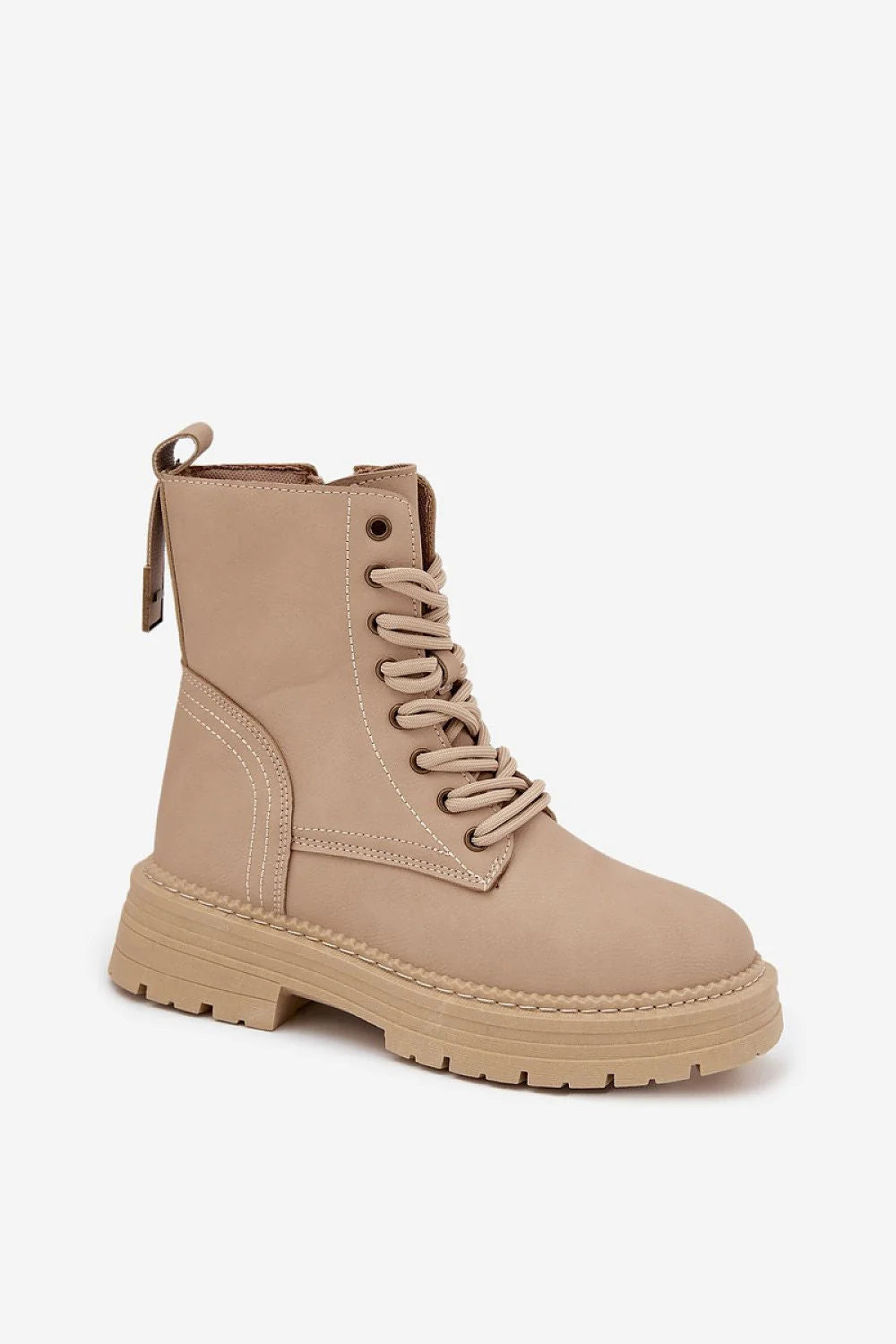 bottines femme cuir écologique beige effet nubuck tige mi haute bout rond lacets fermeture éclair latérale semelle plateforme crantée antidérapante