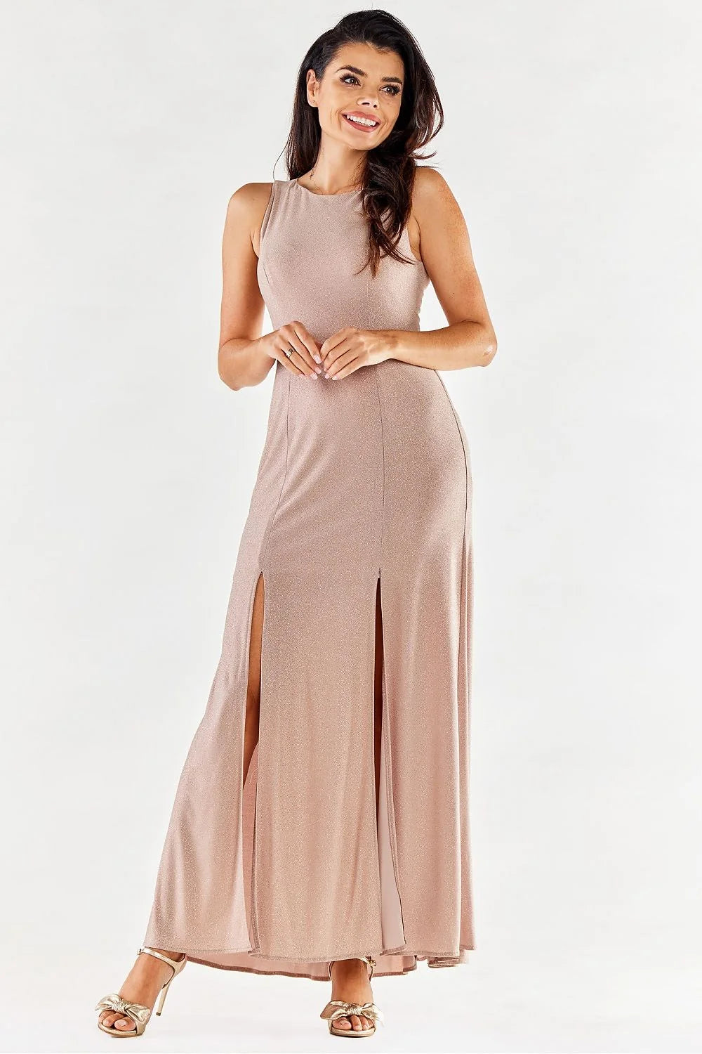 Robe longue élégante sans manches fentes avant couleur rouge vif matière élasthanne polyester femme