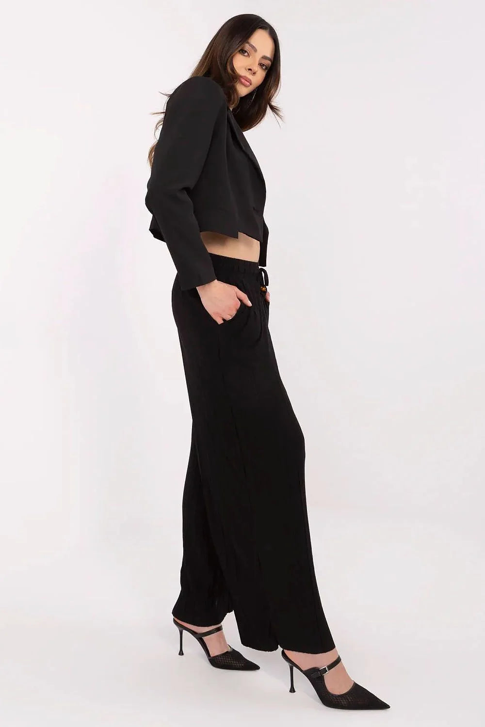 Ensemble mode femme Tailleur jacket ample noir Bandeau top élastique Waist pants escarpins