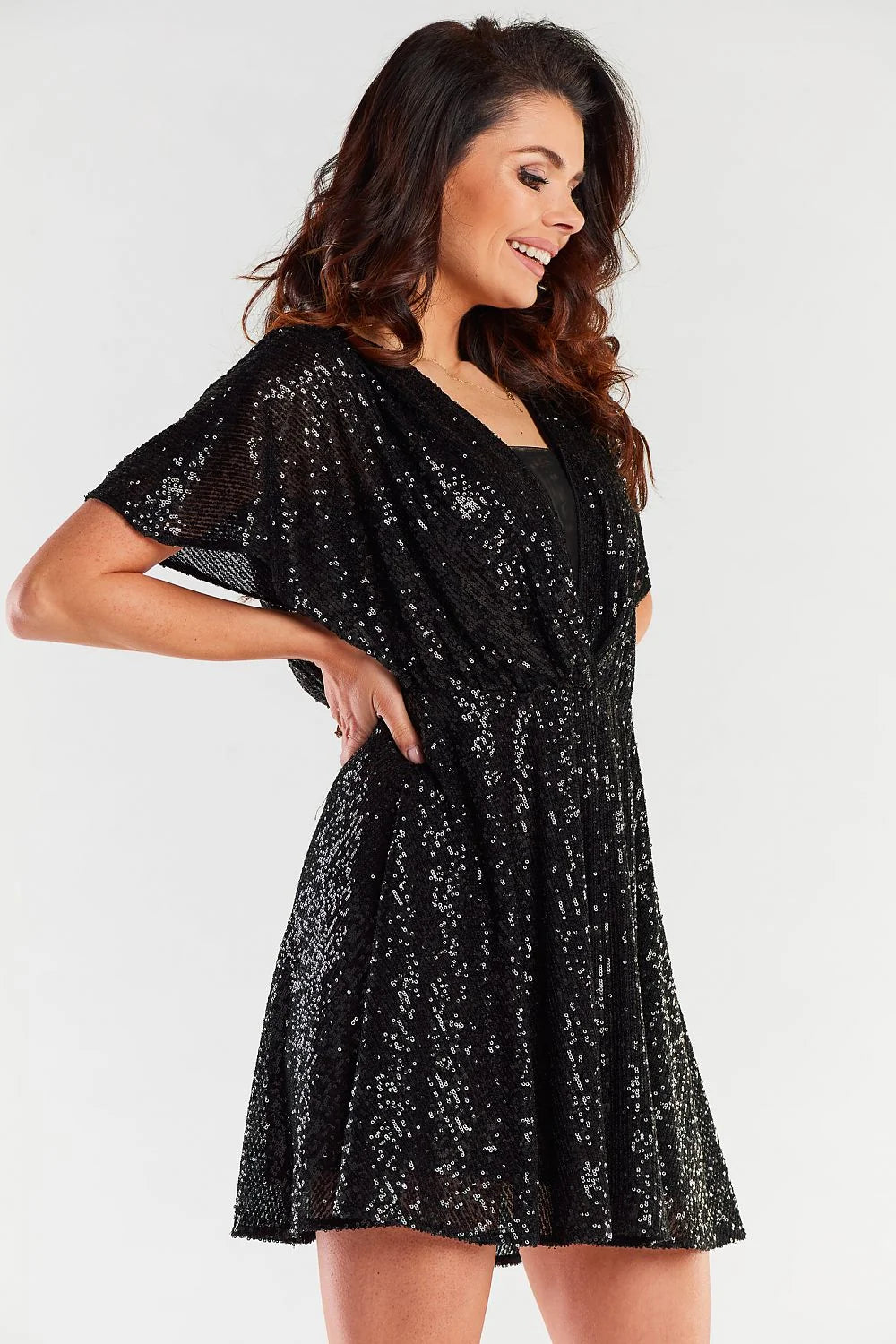 Robe de soirée élégante courte dos nu déchirure manches amples évasée paillettes rose métallique femme