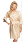 peignoir kimono satin champagne féminin luxueux soyeux mi long ceinture nouable ajustée manches trois quarts dentelle noire irall