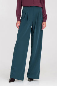 pantalon femme ample relaxed fit taille haute plis décoratifs palazzo jambe large longue drapé vert émeraude ceinture marquée