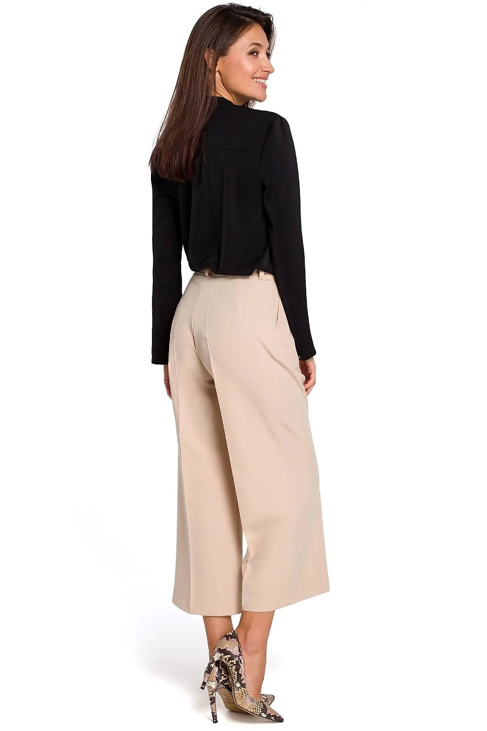 Pantalon femme Stylove élégant ample noir matières confortables taille haute boutons fermeture éclair hanches larges style intemporel occasion professionnelle décontractée