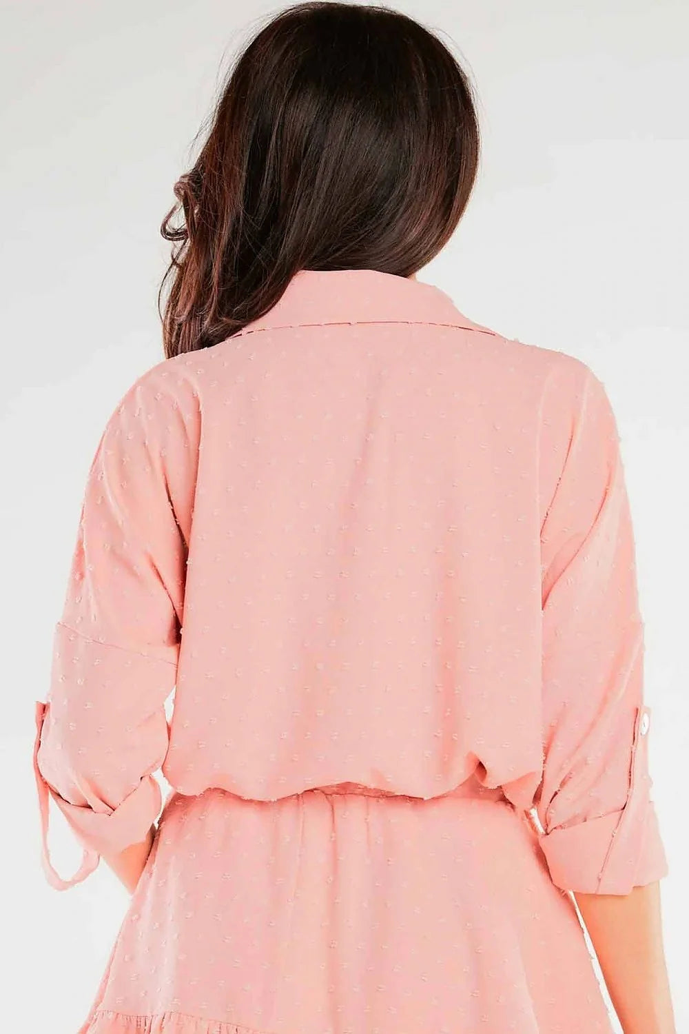 Ensemble chemise et jupe awama élégant en polyester et élasthanne rose pâle motifs pois brodés manches longues revers col femme