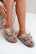 Pantoufles en fourrure pour femme style ludique motif renne tissu pelucheux semelle douce hiver
