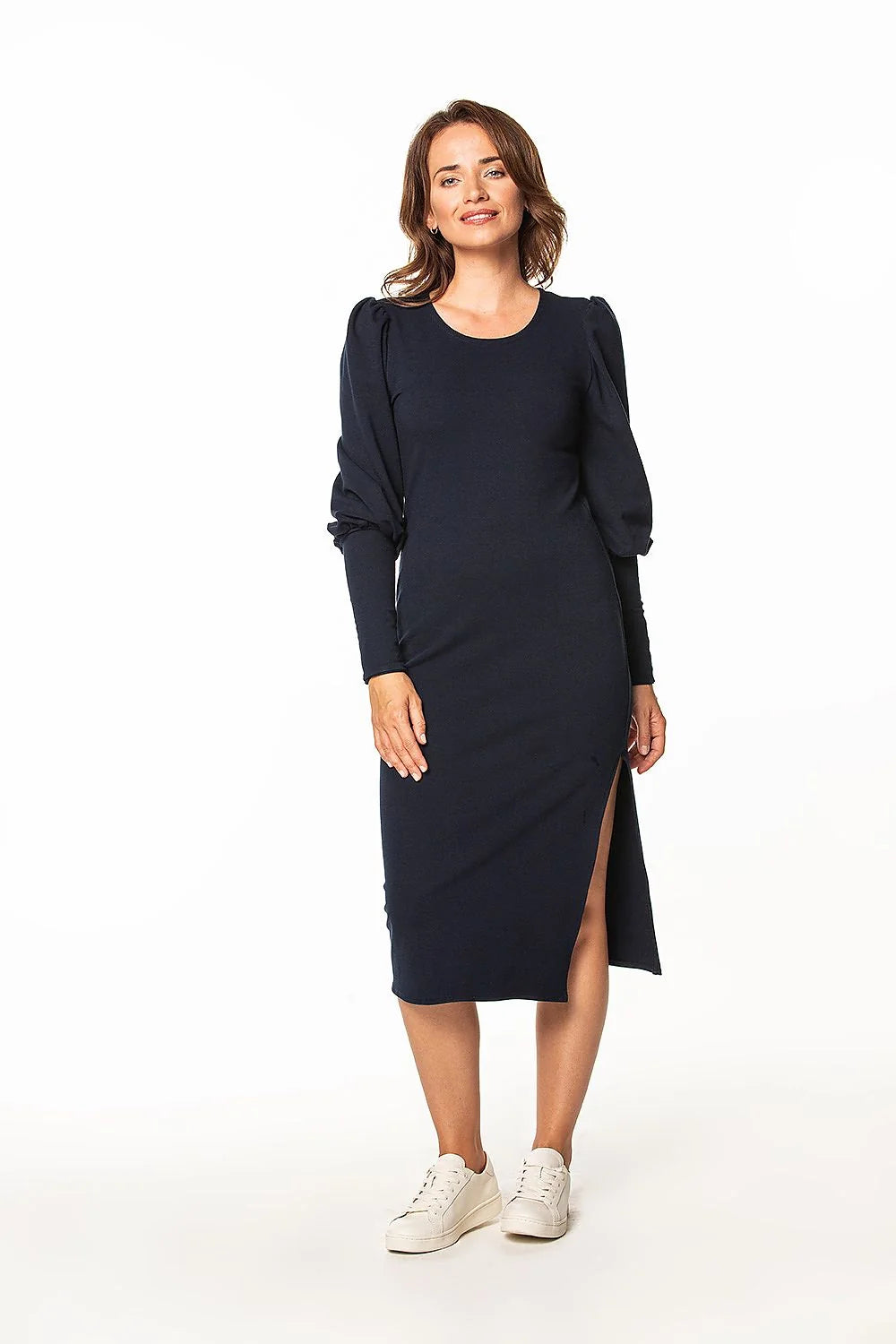 Robe de jour Tessita élégante en coton polyester bleu marine manches longues col rond taille ajustable pour femme