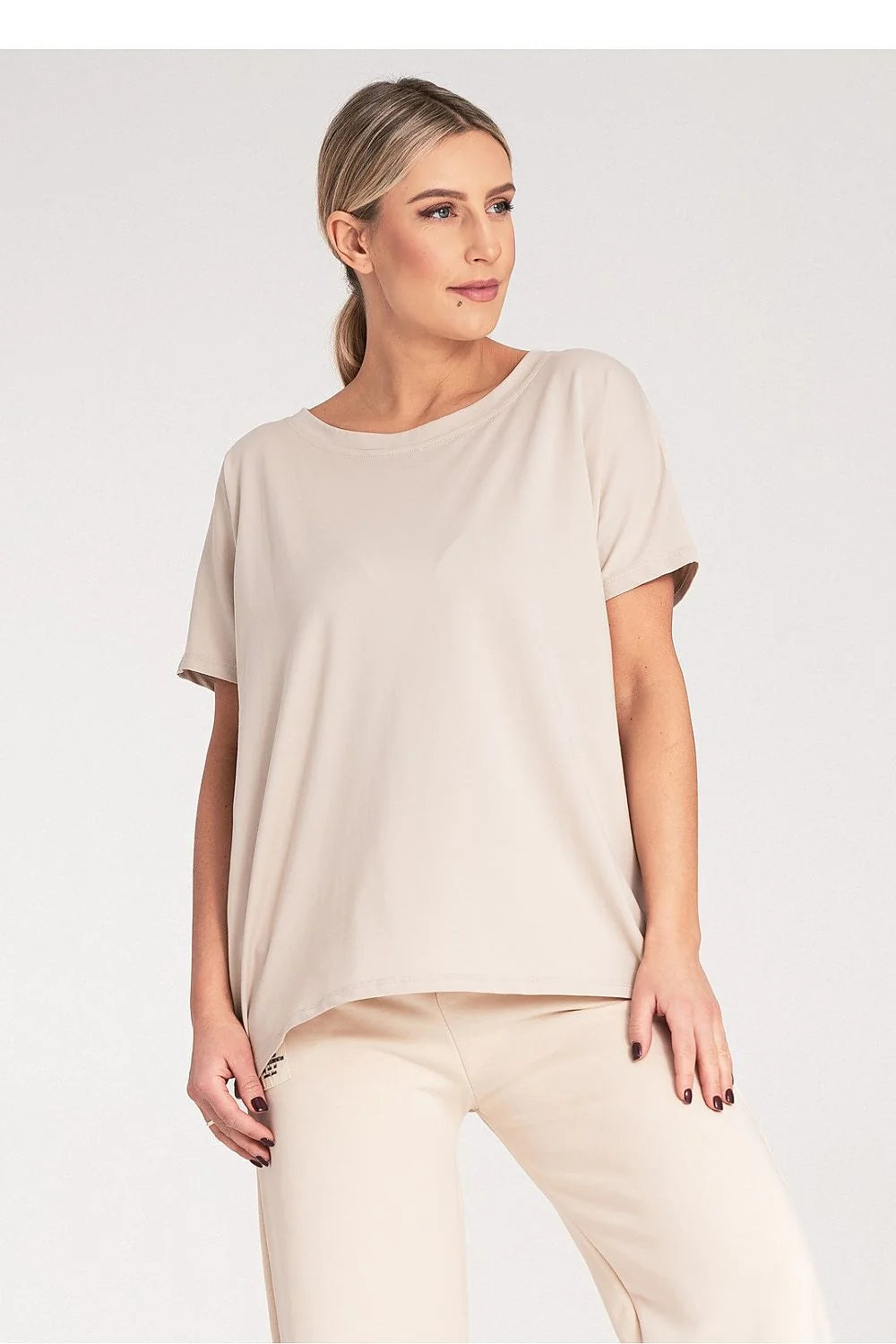 Ensemble femme casual haut et bas manches courtes beige fluide matelassé tissu coton élasthanne