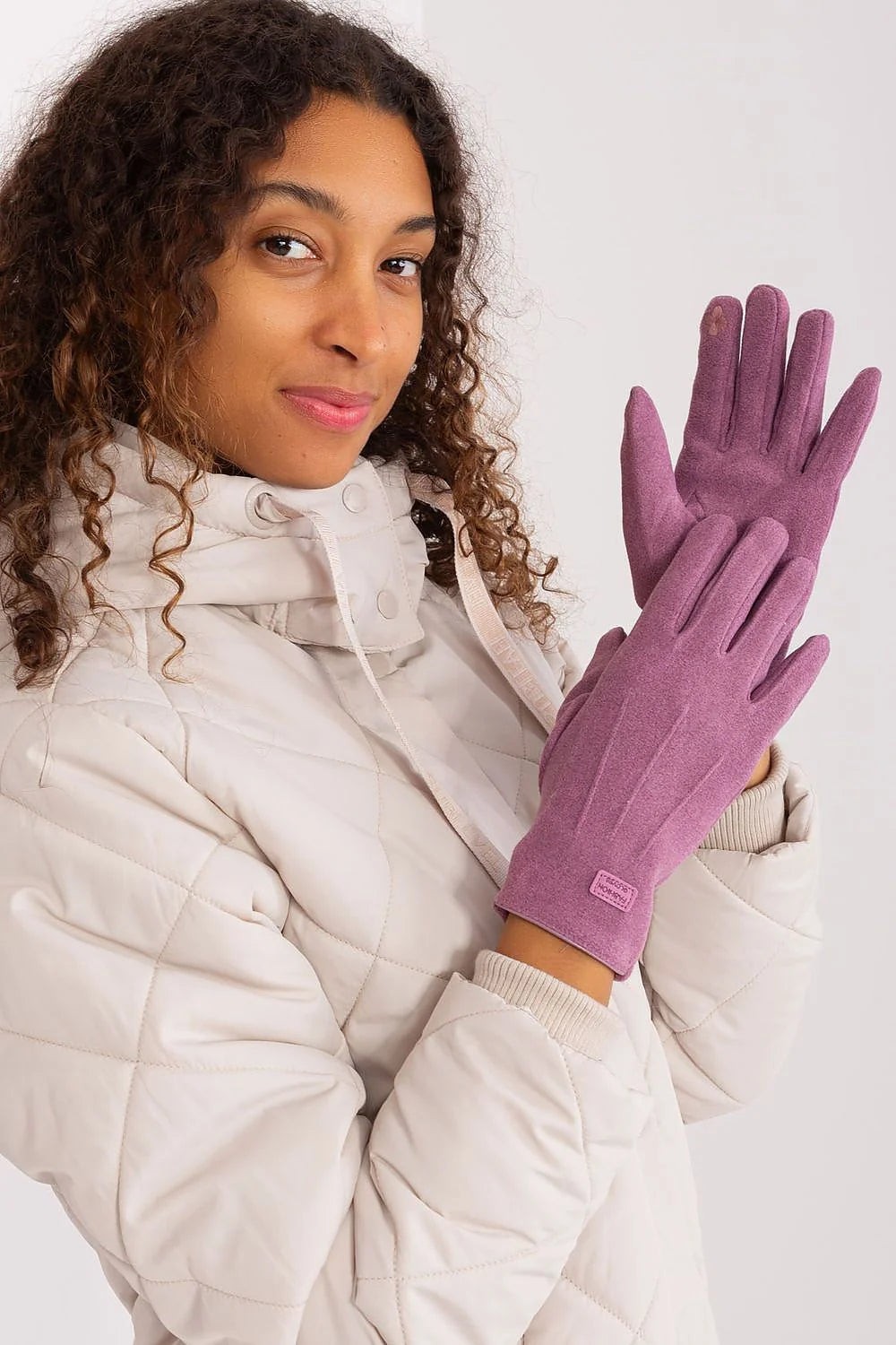 Gants élégants pour femmes design moderne minimaliste violet clair patchs décoratifs fleur brodée isolation doublure coton élasthanne polyester