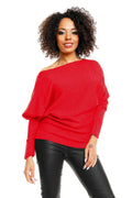 pull kimono court oversize femme rouge maille fine col bateau asymétrique épaules dénudées manches chauvesouris longues ourlets côtelés extensible doux