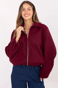 veste femme zippée courte boxy bomber bordeaux profond col chemise fermeture dorée feutrée laine effet manches bouffantes taille élastiquée stylée
