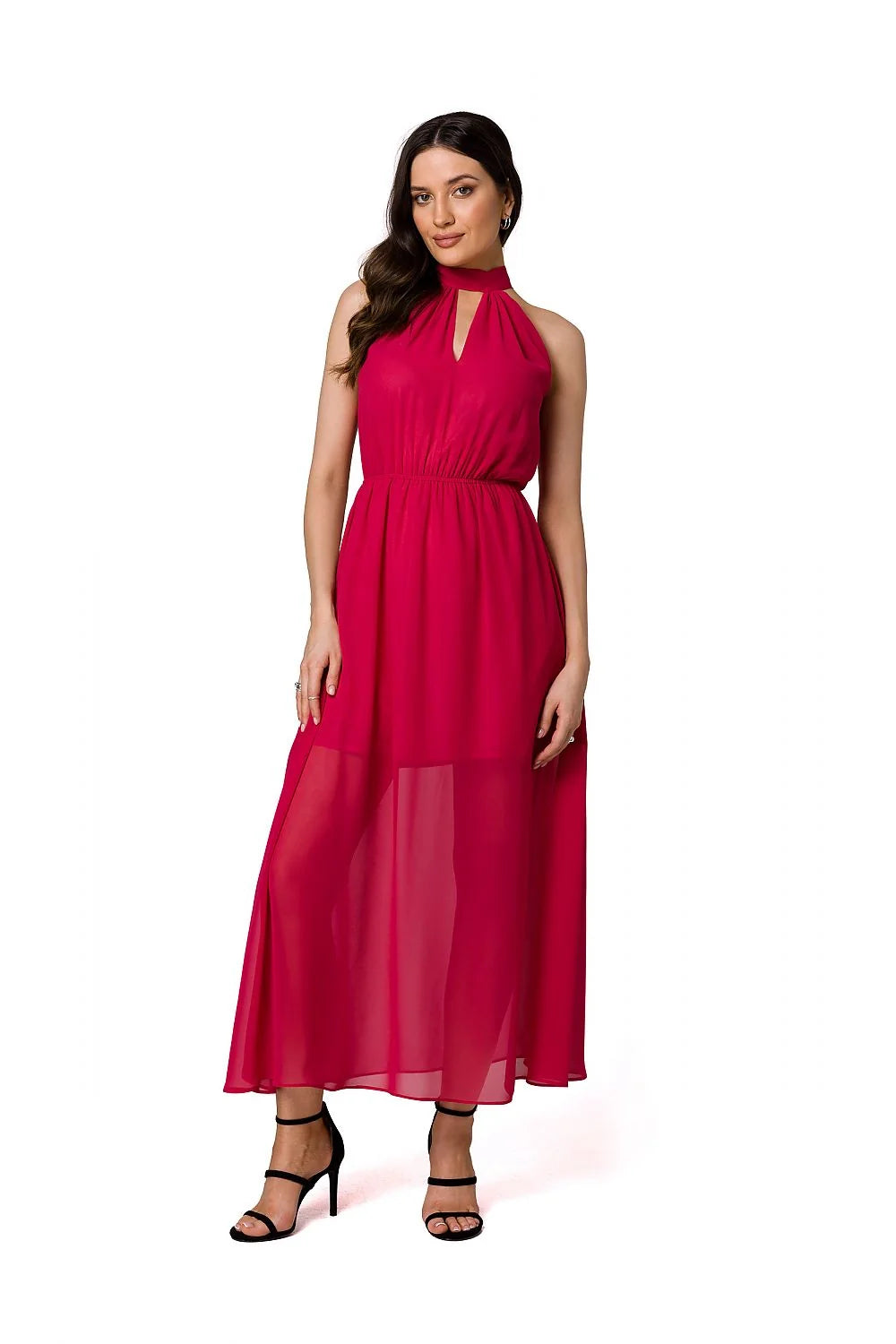 Robe de cocktail élégante longue en mousseline rouge encolure halter noeud devant taille élastiquée ceinture à nouer polyester femme
