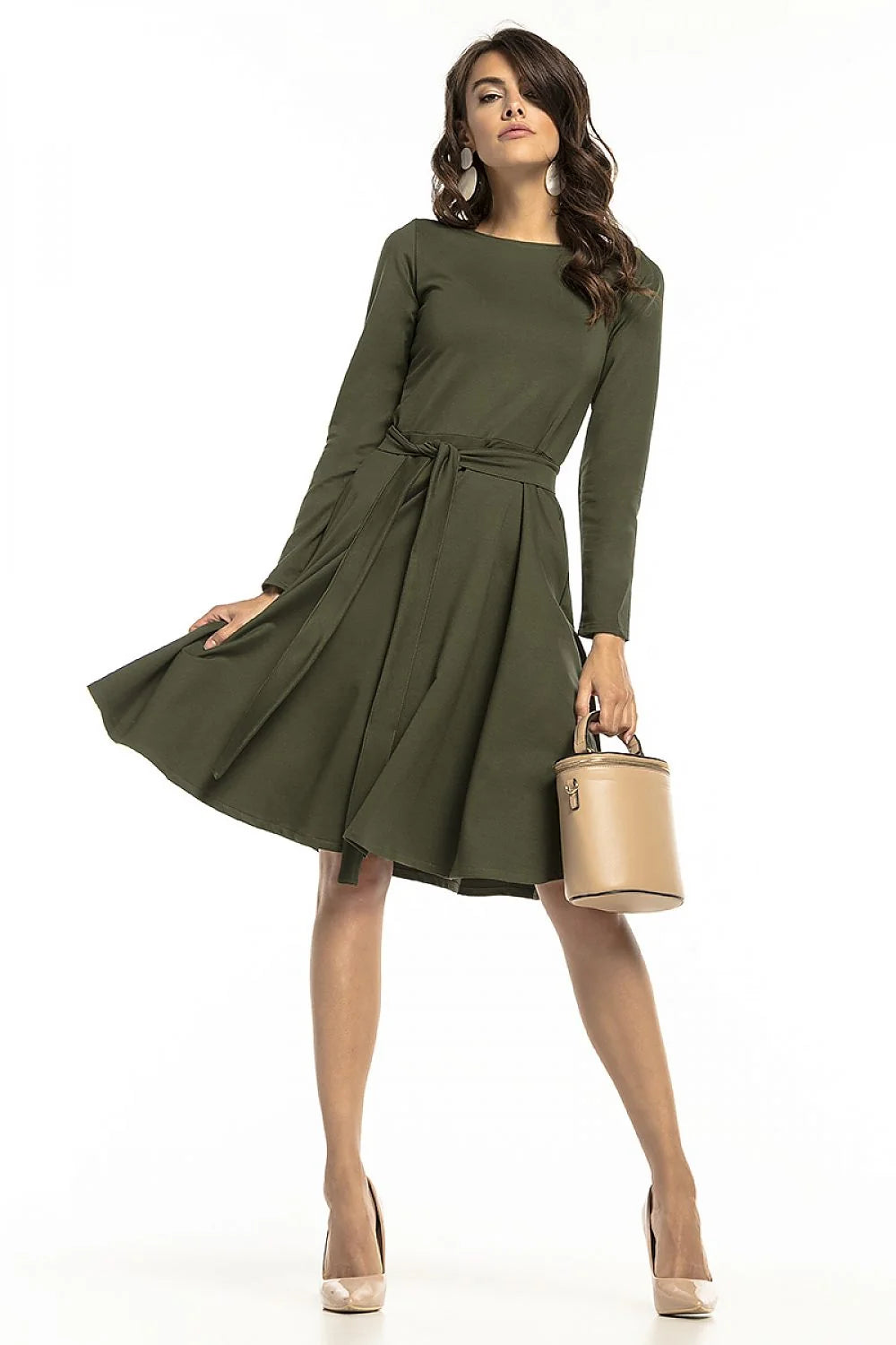 robe patineuse bleu roi femme manches longues encolure ronde taille cintrée jupe évasée plis volume tissu doux extensible coton élasthanne