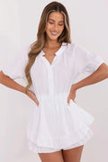 Combinaison Italy Moda blanche en coton respirant pour l'été, style élégant et décontracté, manches bouffantes, encolure en V, ceinture élastique, boutons devant, tissu vaporeux, vêtement féminin, mode été, occasion quotidienne, femmes, look décontracté