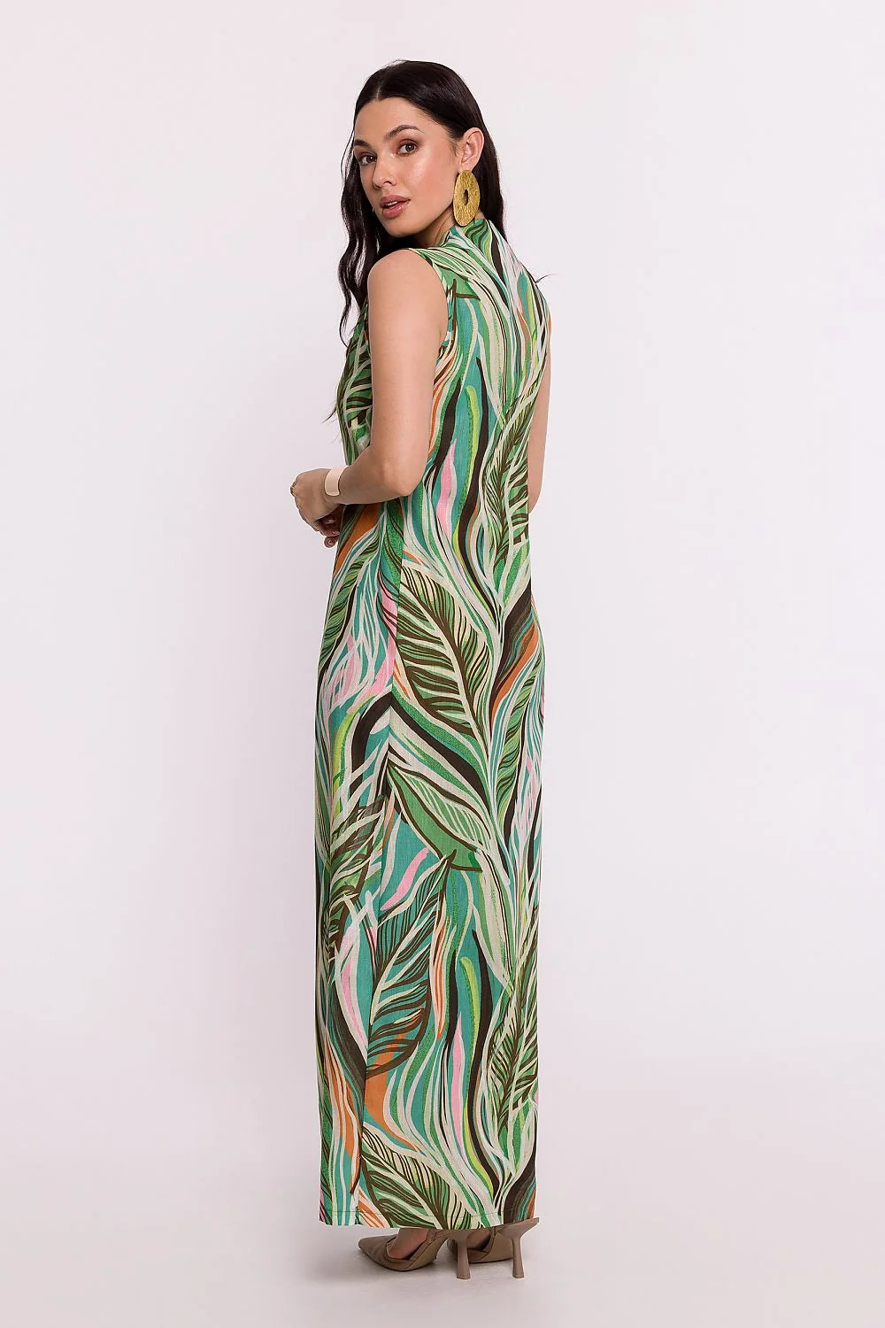 Robe de jour Be Wear longue sans manches col V profond imprimé feuilles nature palette vives coton viscose fluidité été