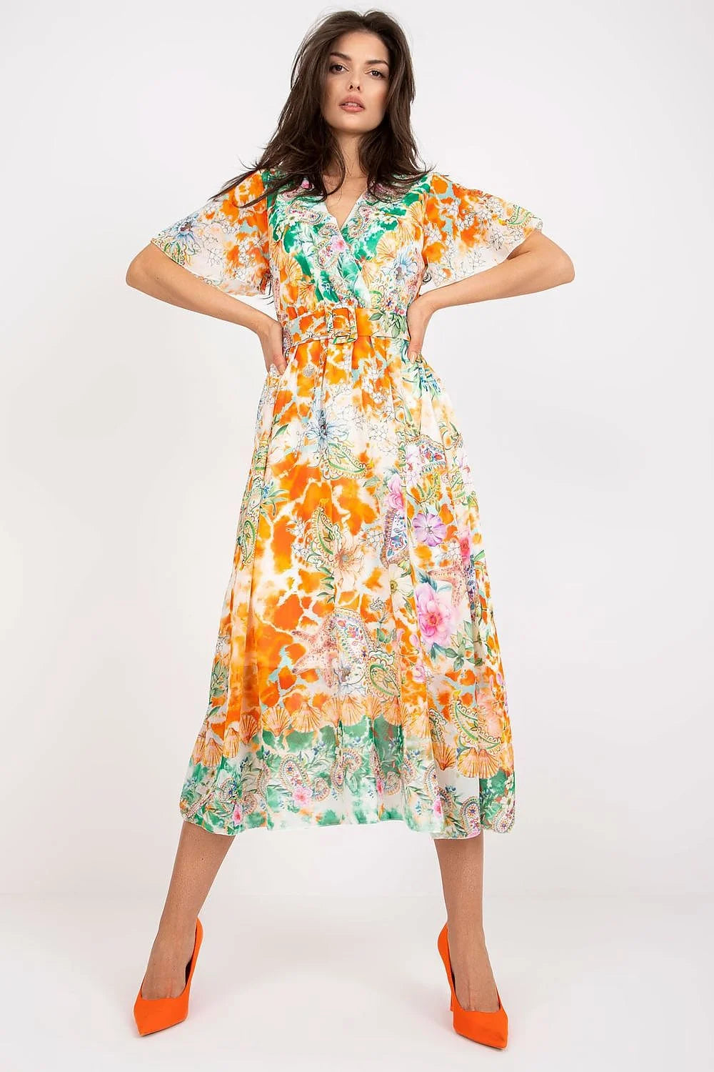 Robe de jour élégante Italy Moda imprimé floral orange vert rose polyester coupe midi décolleté V manches courtes ceinture coordonnée femmes