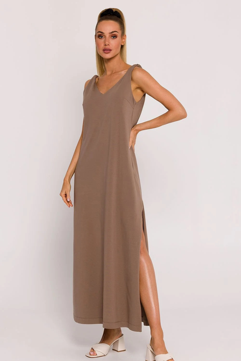 Robe de jour Moe oversize maille maille femme V-neck fentes genoux coton taupe Pologne