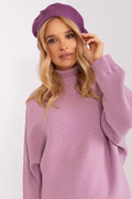 ensemble béret pull femme mauve prune oversize col roulé maille côtelée manches ballon coupe ample chaleur douce élégance