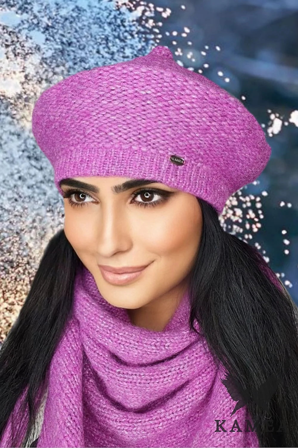 Béret et écharpe en laine tricotée pour femme, style classique, couleur rose vif, finitions élégantes, idéal pour l'hiver