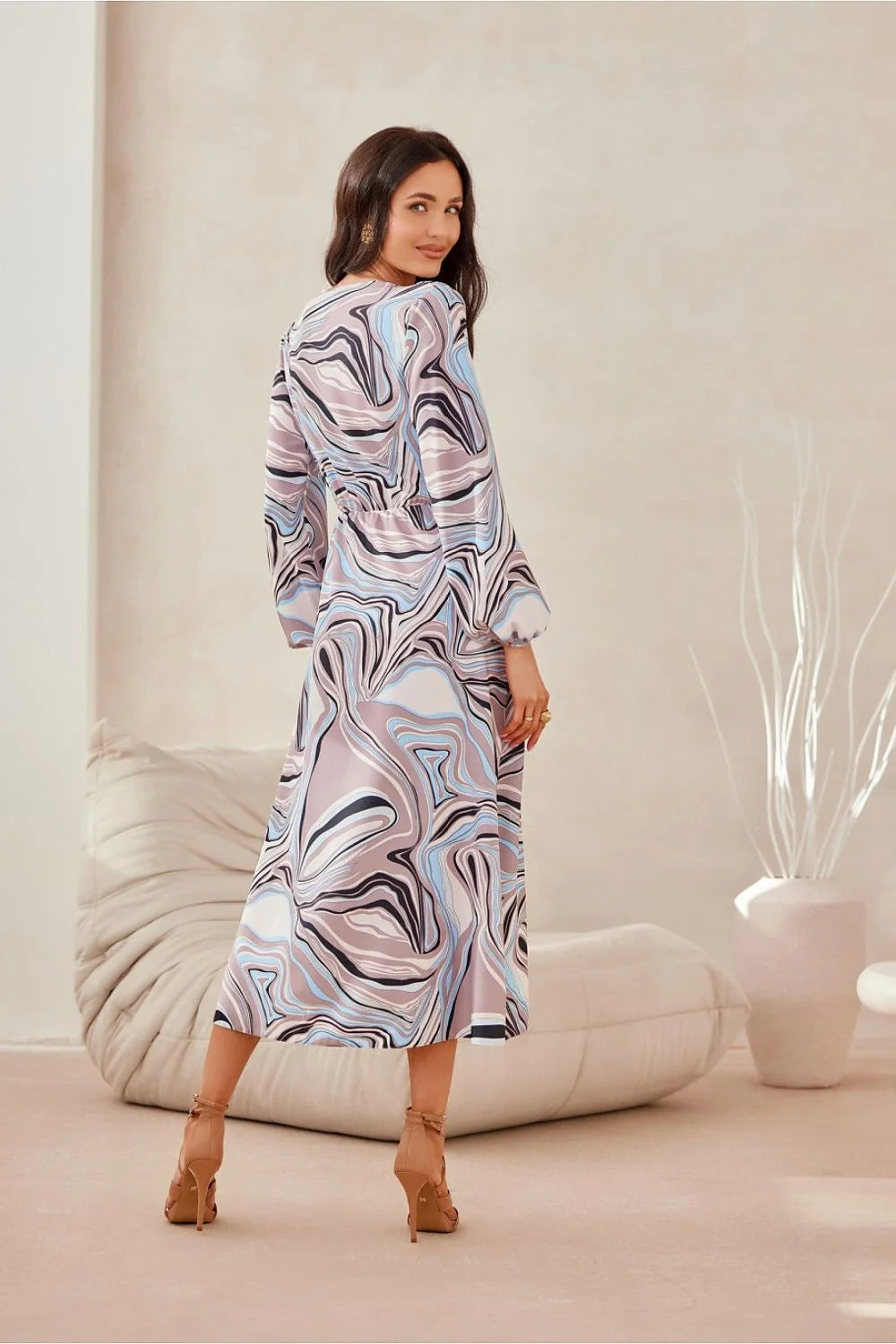 Robe de jour style portefeuille motif marbré couleurs pastel manches longues encolure V taille ajustable polyester léger femme